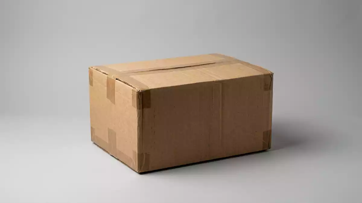 Fotorealistische Studioansicht von Versandpaket in neutraler Produktdarstellung