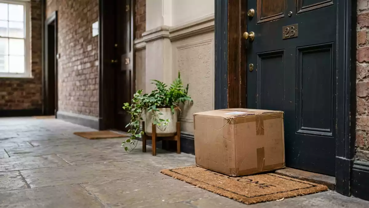 Fotorealistische Ansicht von Versandpaket bei der Zustellung in realer Umgebung
