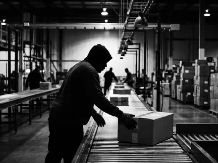Schwarzweiss-Reportage mit Versandpaket zum Thema JD.com Online Shop, ISIN KYG5635P1090, hoher Kontrast - Foto: THN