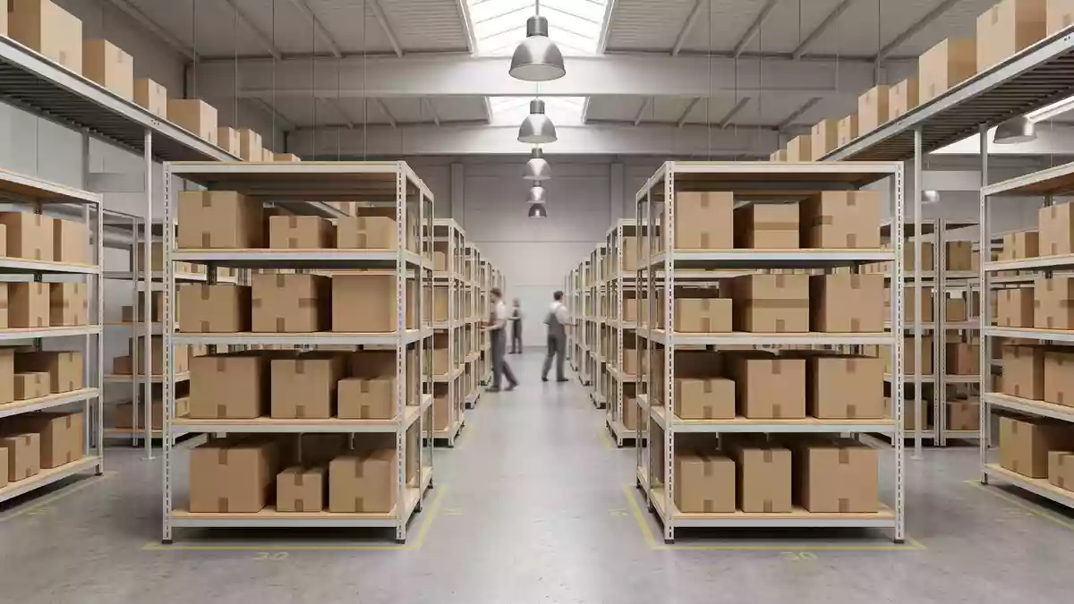 Architektur-Render im Versandzentrum mit Versandpaket im Ausstellungsbereich, neutral