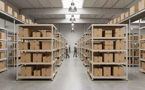 Architektur-Render im Versandzentrum mit Versandpaket zum Thema JD.com Online Shop, ISIN KYG5635P1090, neutrales Tageslicht - Foto: THN