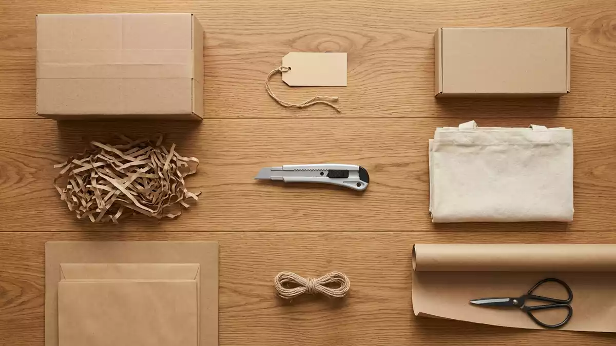 Flatlay-Arrangement rund um Versandpaket mit passenden Requisiten von oben, neutral