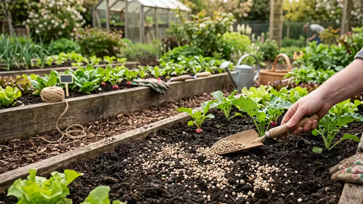 Fotorealistische Ansicht von Gartendünger im Garten in realer Umgebung, neutral