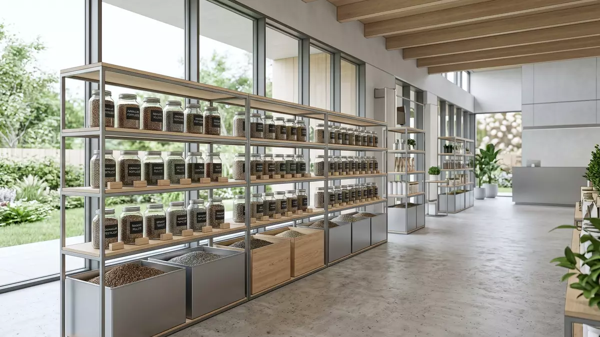 Architektur-Render im Gartenfachhandel mit Gartendünger im Ausstellungsbereich
