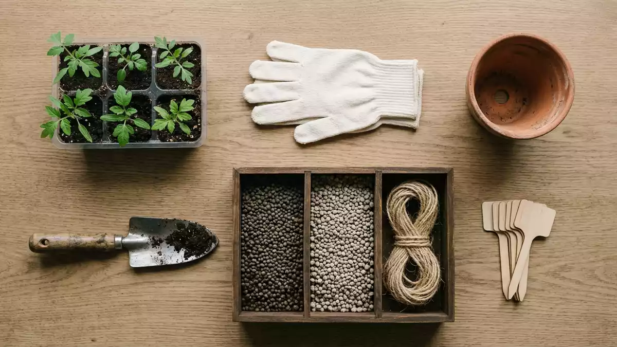 Flatlay-Arrangement rund um Gartendünger mit passenden Requisiten von oben, neutral
