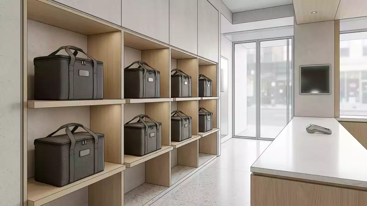 Architektur-Render im Abholtheke mit Liefertasche im Ausstellungsbereich, neutral