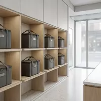 Architektur-Render im Abholtheke mit Liefertasche zum Thema Lieferando App, ISIN NL0012015705, neutrales Tageslicht - Foto: THN