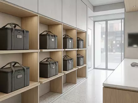 Architektur-Render im Abholtheke mit Liefertasche zum Thema Lieferando App, ISIN NL0012015705, neutrales Tageslicht - Foto: THN
