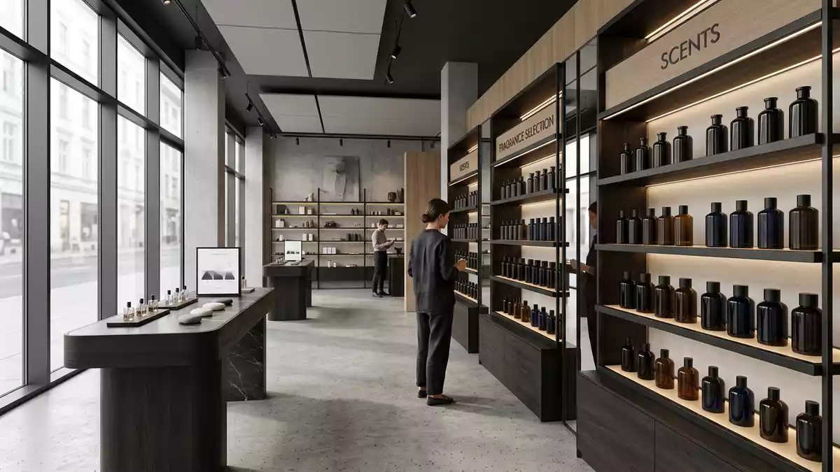 Architektur-Render im Parfümerie mit Herrenparfüm im Ausstellungsbereich, neutral