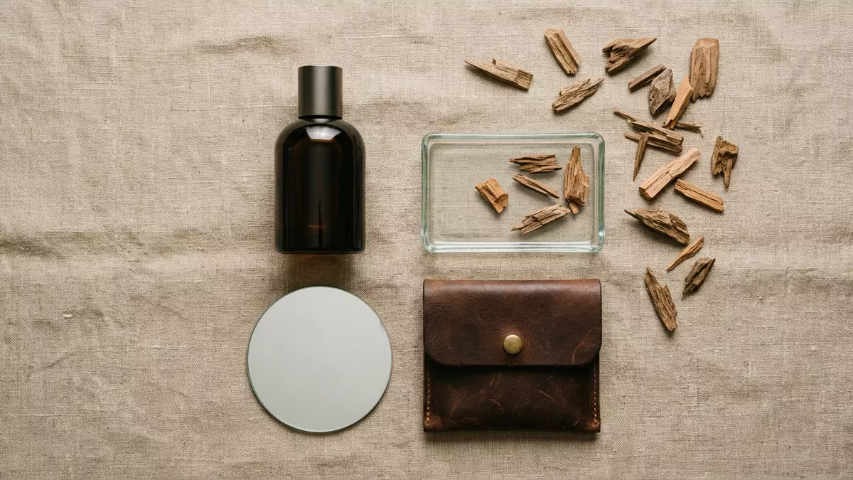 Flatlay-Arrangement rund um Herrenparfüm mit passenden Requisiten von oben, neutral