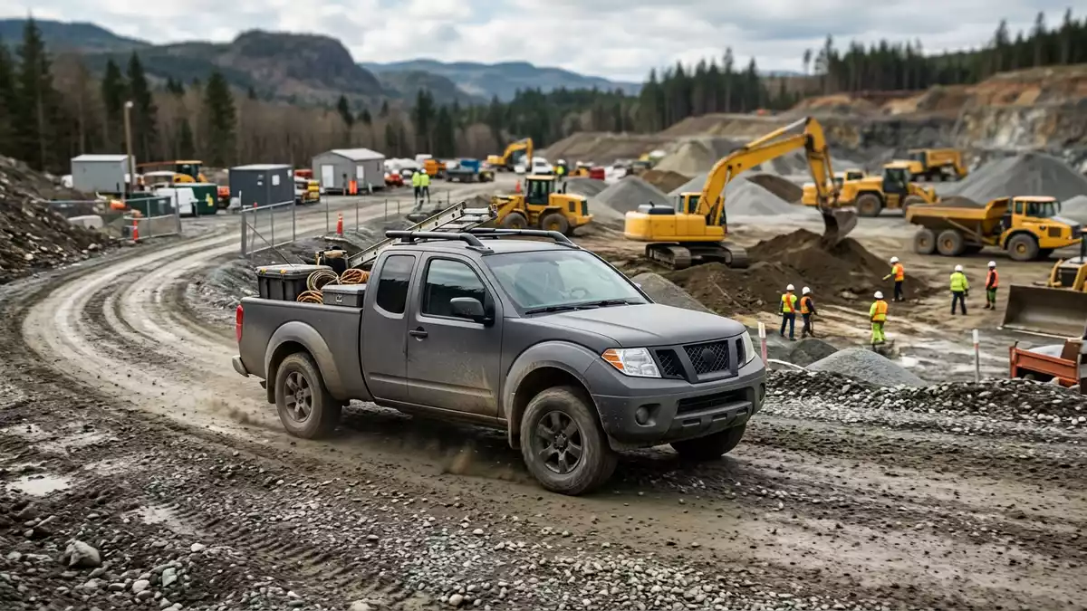Fotorealistische Ansicht von Pick-up auf der Baustelle in realer Umgebung, neutral