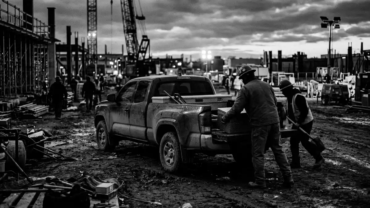 Schwarzweiss-Reportagebild mit Pick-up in dokumentarischer Arbeitsumgebung, neutral