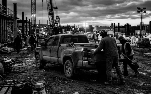 Schwarzweiss-Reportage mit Pick-up zum Thema Isuzu D-Max, ISIN JP3143600009, hoher Kontrast, sachlich dargestellt - Foto: THN