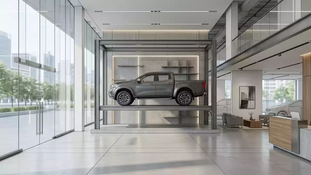 Architektur-Render im Autohaus mit Pick-up im Ausstellungsbereich, sachlich dargestellt