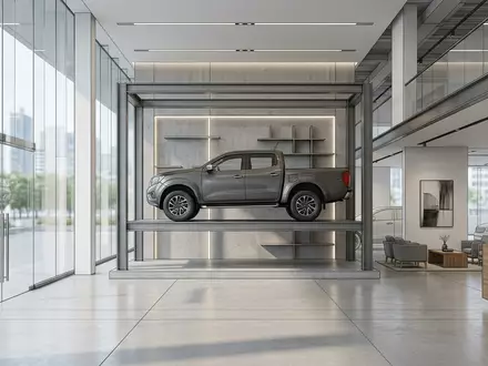 Architektur-Render im Autohaus mit Pick-up zum Thema Isuzu D-Max, ISIN JP3143600009, neutrales Tageslicht - Foto: THN