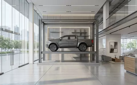 Architektur-Render im Autohaus mit Pick-up zum Thema Isuzu D-Max, ISIN JP3143600009, neutrales Tageslicht - Foto: THN