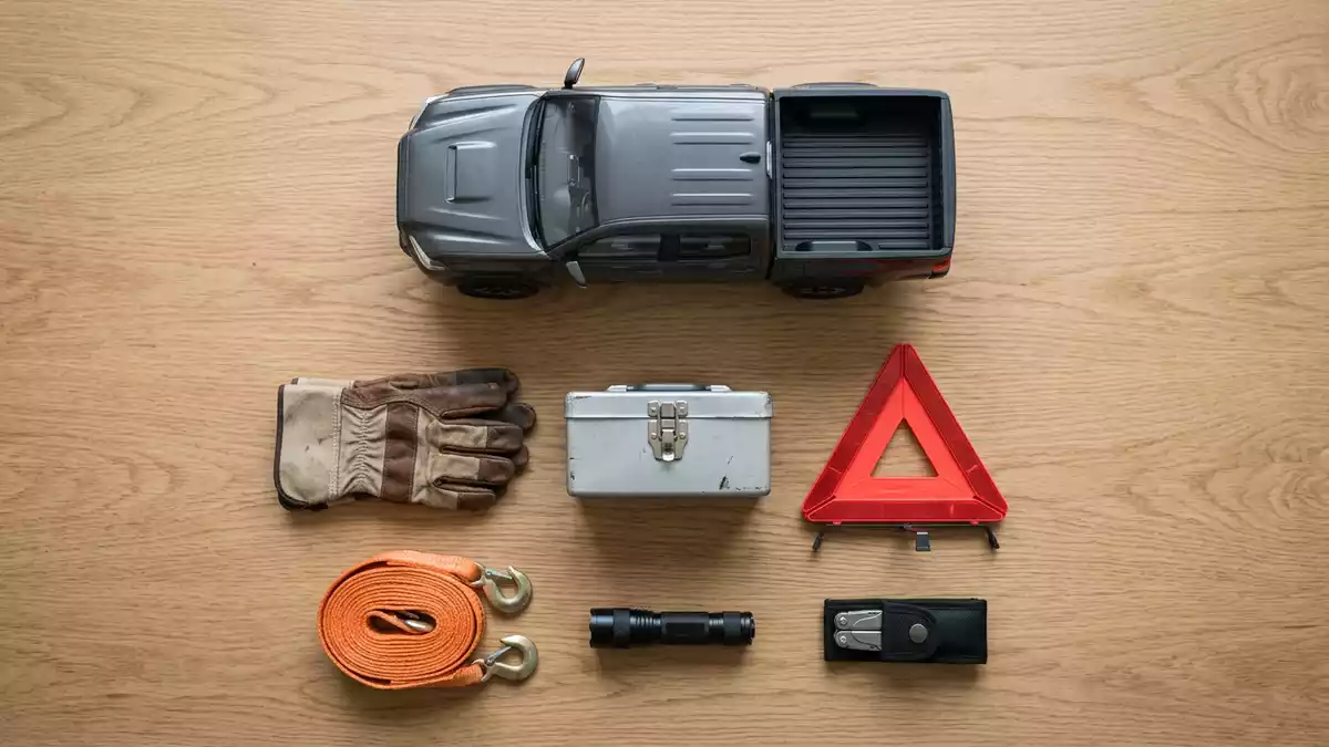 Flatlay-Arrangement rund um Pick-up mit passenden Requisiten von oben, neutral