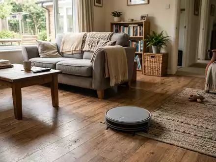 Fotorealistische Aufnahme von Saugroboter im Wohnzimmer zum Thema Roomba Saugroboter, ISIN US4627261005, natuerliches Licht - Foto: THN