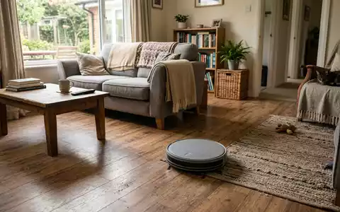 Fotorealistische Aufnahme von Saugroboter im Wohnzimmer zum Thema Roomba Saugroboter, ISIN US4627261005, natuerliches Licht - Foto: THN
