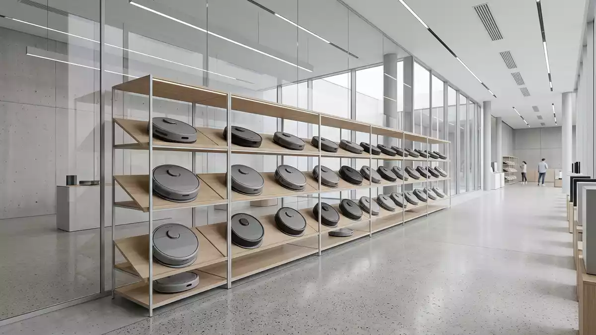 Architektur-Render im Elektrofachmarkt mit Saugroboter im Ausstellungsbereich, neutral