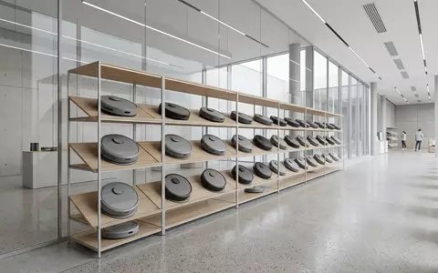 Architektur-Render im Elektrofachmarkt mit Saugroboter zum Thema Roomba Saugroboter, ISIN US4627261005, neutrales Tageslicht - Foto: THN