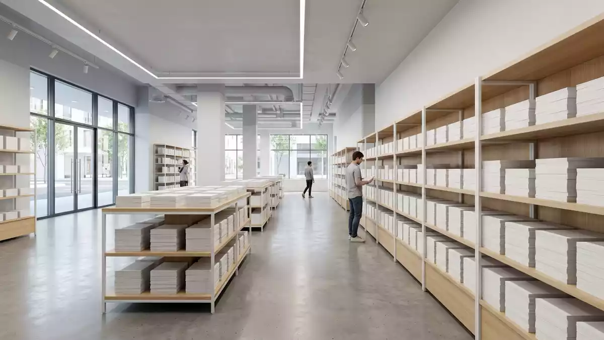 Architektur-Render im Bürofachhandel mit Kopierpapier im Ausstellungsbereich, neutral