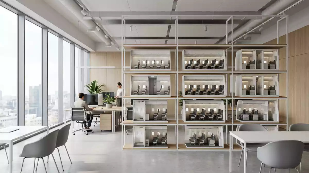 Architektur-Render im Reisebüro mit Passagierflugzeug im Ausstellungsbereich, neutral
