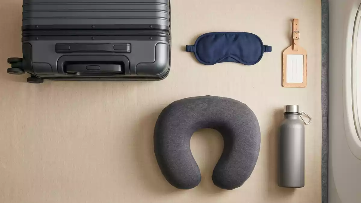Flatlay-Arrangement rund um Passagierflugzeug mit passenden Requisiten von oben