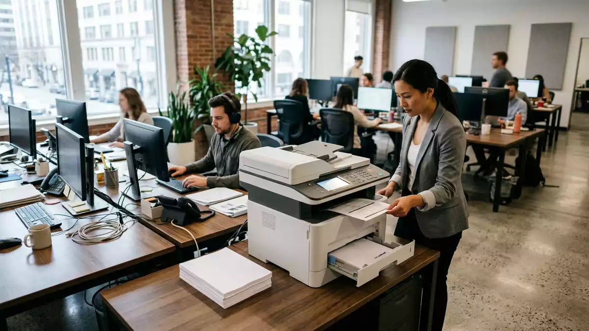 Fotorealistische Ansicht von Bürodrucker im Büro in realer Umgebung, neutral