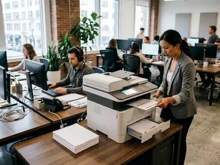 Fotorealistische Aufnahme von Bürodrucker im Büro zum Thema Konica Minolta Bizhub, ISIN JP3300600008, natuerliches Licht - Foto: THN