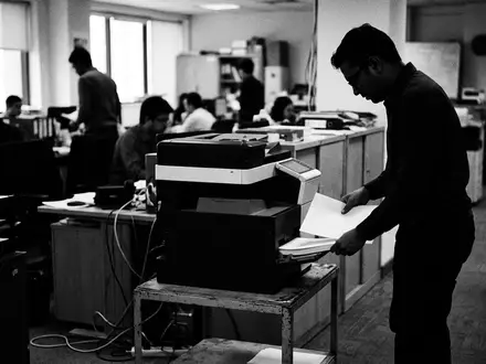 Schwarzweiss-Reportage mit Bürodrucker zum Thema Konica Minolta Bizhub, ISIN JP3300600008, hoher Kontrast - Foto: THN