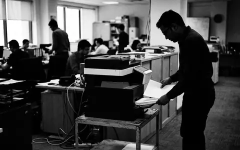 Schwarzweiss-Reportage mit Bürodrucker zum Thema Konica Minolta Bizhub, ISIN JP3300600008, hoher Kontrast - Foto: THN