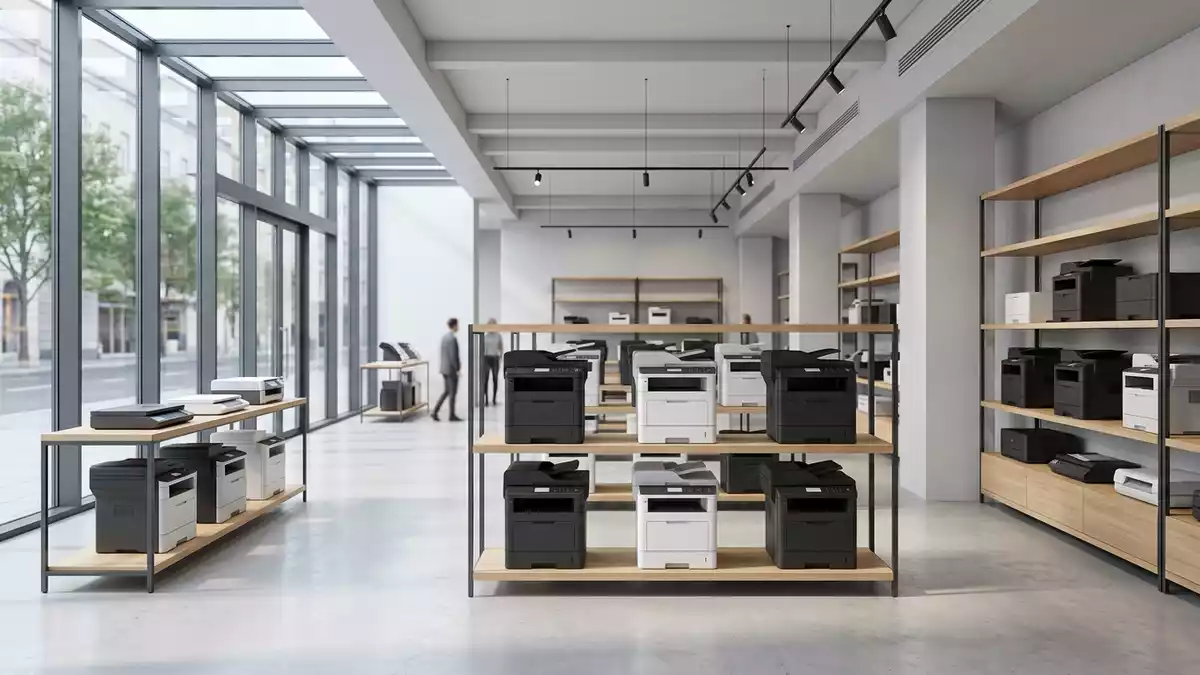 Architektur-Render im Bürofachhandel mit Bürodrucker im Ausstellungsbereich, neutral