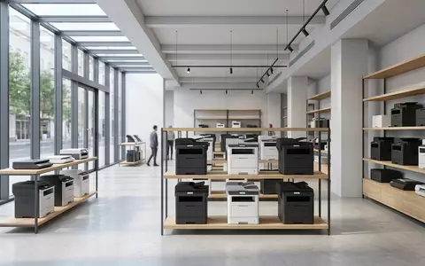 Architektur-Render im Bürofachhandel mit Bürodrucker zum Thema Konica Minolta Bizhub, ISIN JP3300600008, neutrales Tageslicht - Foto: THN