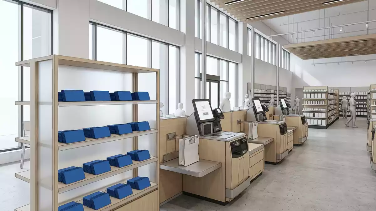 Architektur-Render im Supermarkt mit Kundenkarte im Ausstellungsbereich, neutral