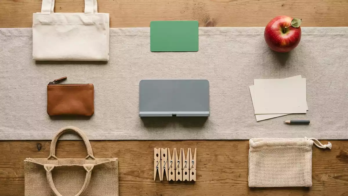 Flatlay-Arrangement rund um Kundenkarte mit passenden Requisiten von oben, neutral