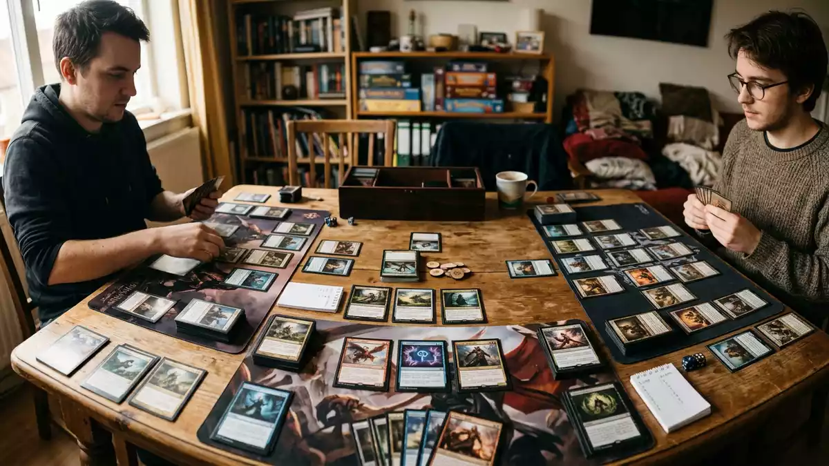 Fotorealistische Ansicht von Sammelkarten beim Spielen in realer Umgebung, neutral