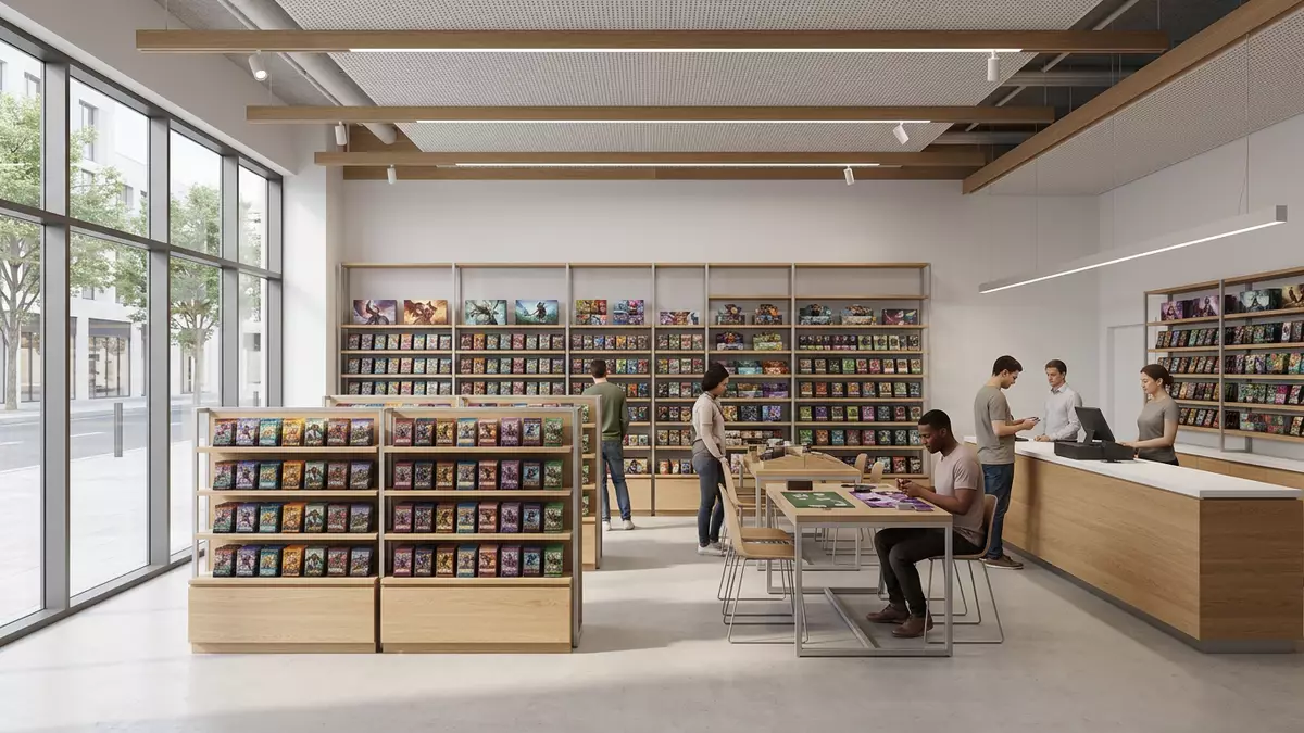 Architektur-Render im Spielefachhandel mit Sammelkarten im Ausstellungsbereich