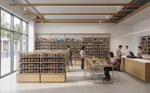 Architektur-Render im Spielefachhandel mit Sammelkarten zum Thema Yu-Gi-Oh! Karten, ISIN JP3300200007, neutrales Tageslicht - Foto: THN
