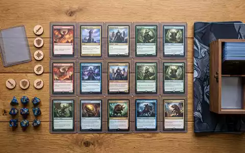 Flatlay-Arrangement rund um Sammelkarten zum Thema Yu-Gi-Oh! Karten, ISIN JP3300200007, weiches Oberlicht - Foto: THN