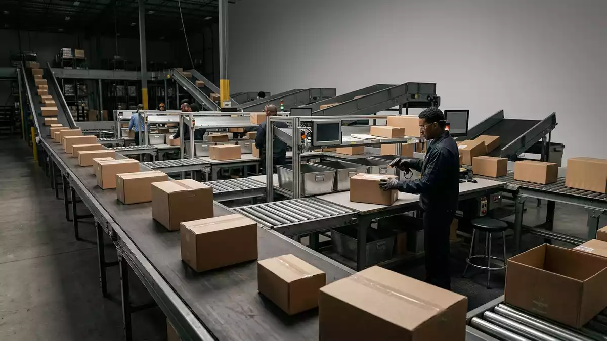 Fotorealistische Studioansicht von Paketsortierung in neutraler Produktdarstellung