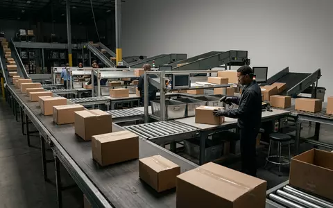 Fotorealistische Studioaufnahme von Paketsortierung zum Thema Kühne+Nagel Tracking, ISIN CH0044328745, klare Lichtfuehrung - Foto: THN