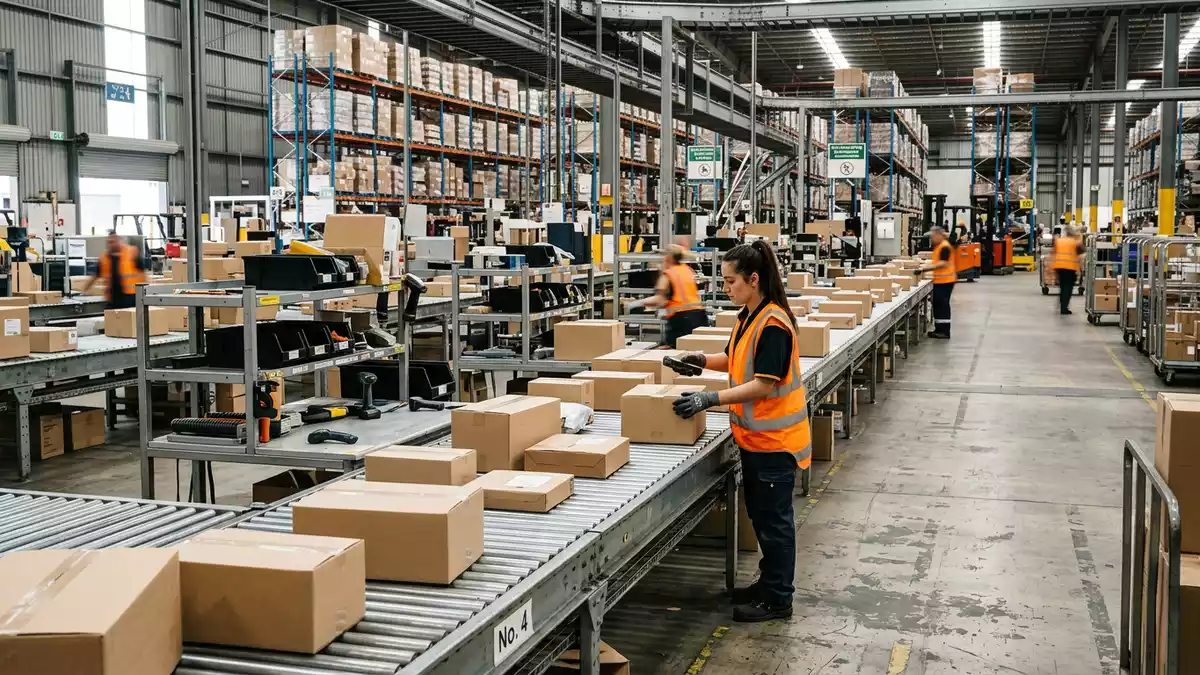 Fotorealistische Ansicht von Paketsortierung im Versandzentrum in realer Umgebung