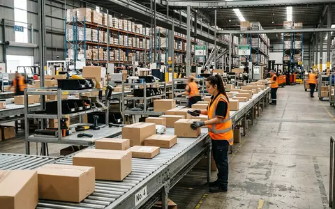 Fotorealistische Aufnahme von Paketsortierung im Versandzentrum zum Thema Kühne+Nagel Tracking, ISIN CH0044328745, natuerliches Licht - Foto: THN