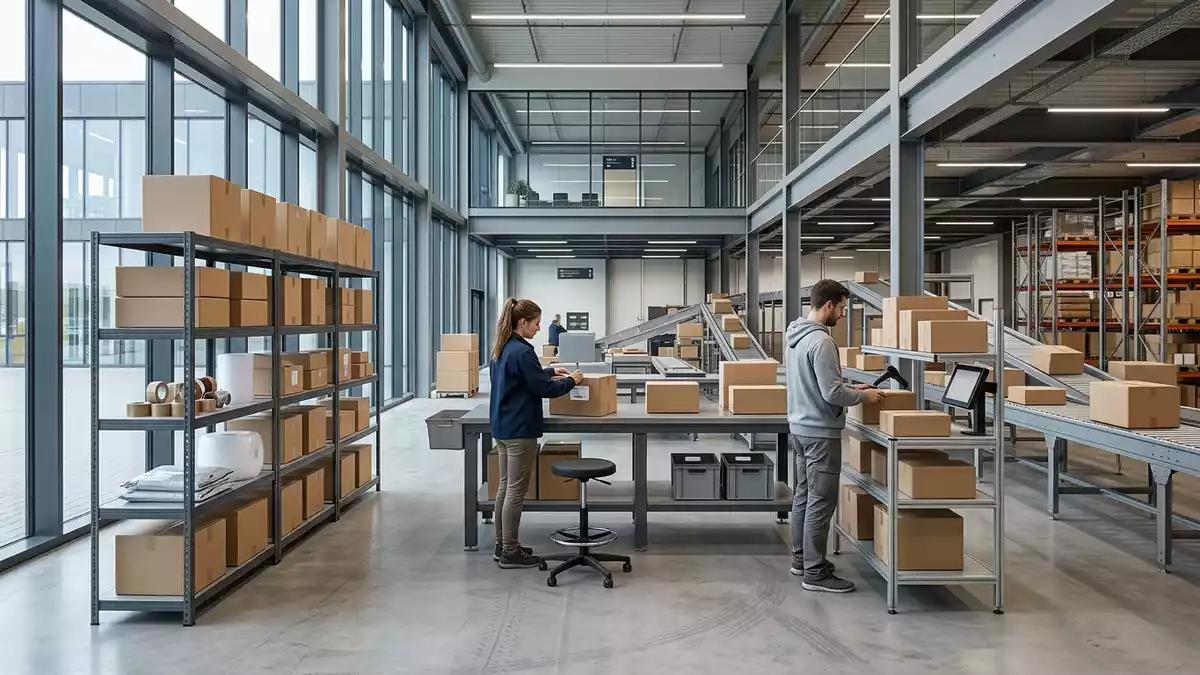 Architektur-Render im Versandzentrum mit Paketsortierung im Ausstellungsbereich