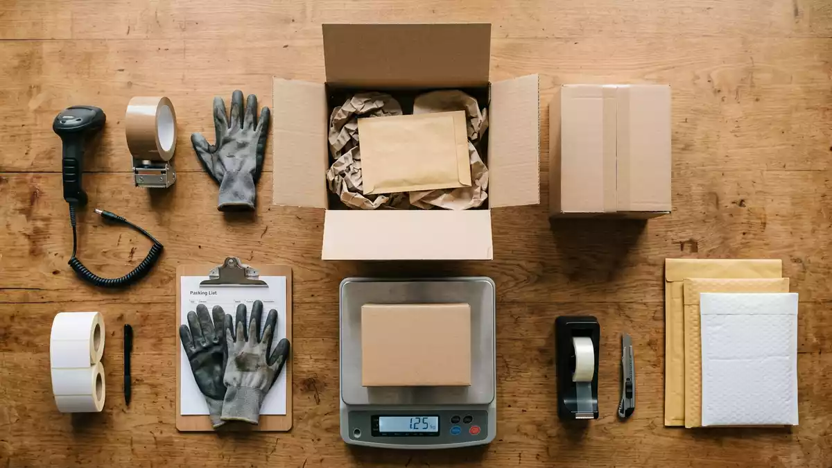 Flatlay-Arrangement rund um Paketsortierung mit passenden Requisiten von oben, neutral