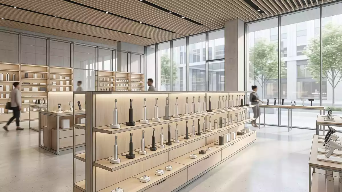 Architektur-Render im Elektronik-Fachmarkt mit Elektrozahnbürste im Ausstellungsbereich