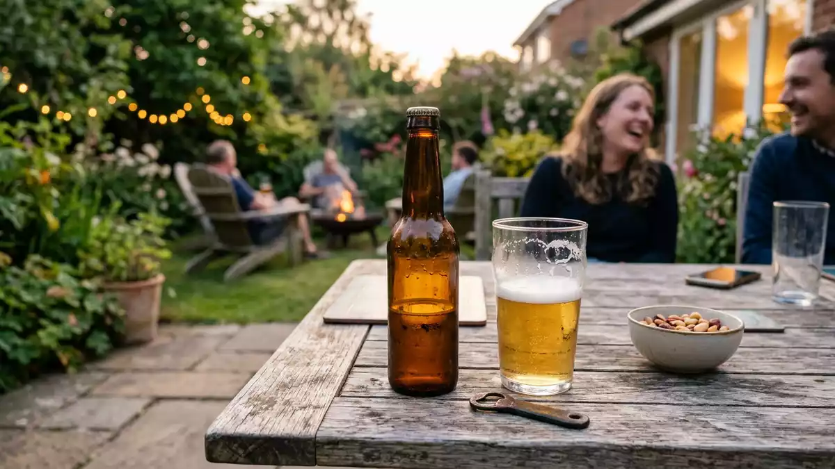 Fotorealistische Ansicht von Lagerbier im Biergarten in realer Umgebung, neutral