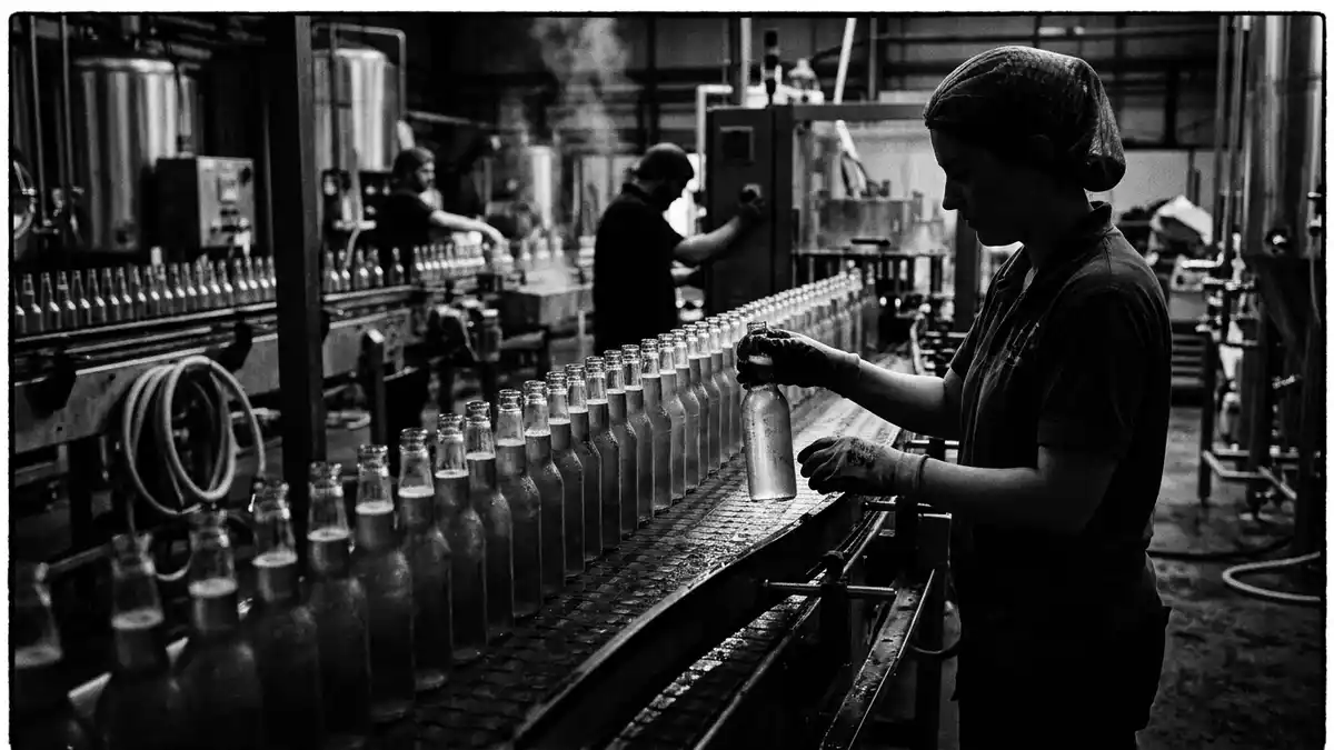 Schwarzweiss-Reportagebild mit Lagerbier in dokumentarischer Arbeitsumgebung, neutral