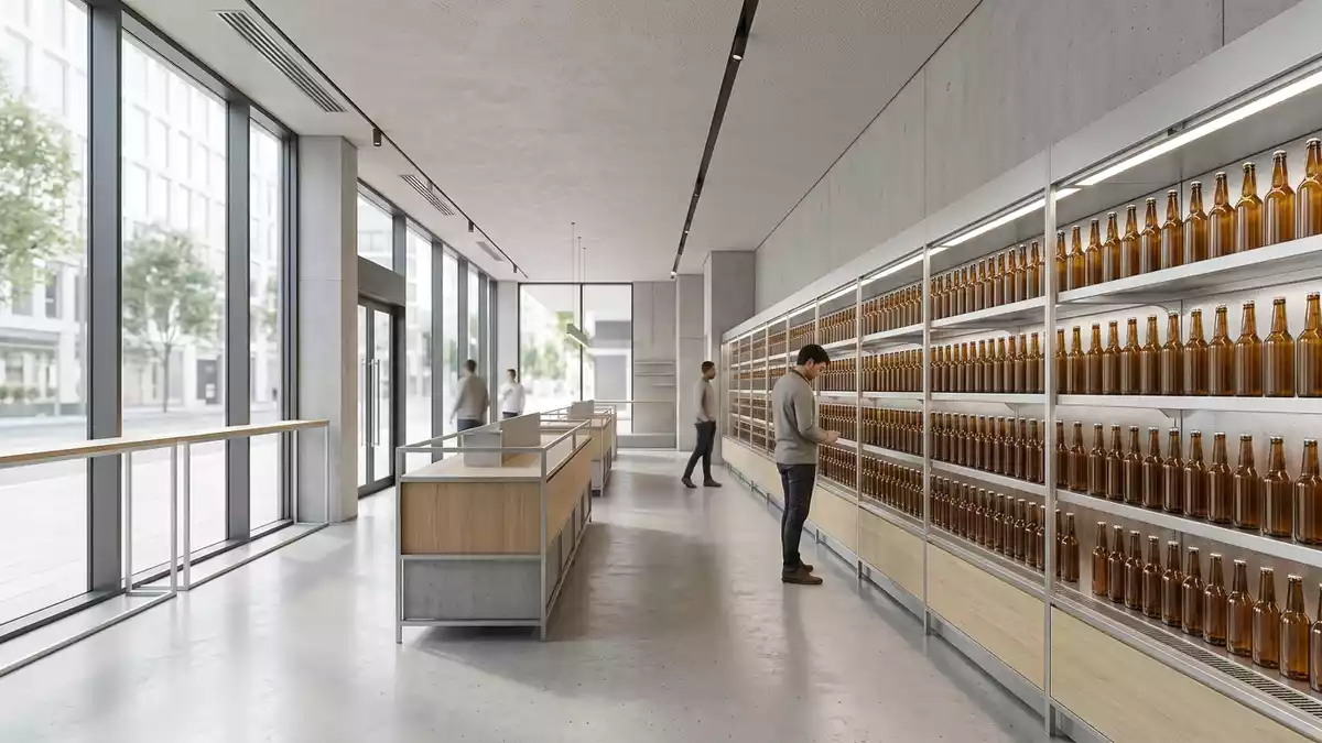 Architektur-Render im Getränkefachhandel mit Lagerbier im Ausstellungsbereich, neutral